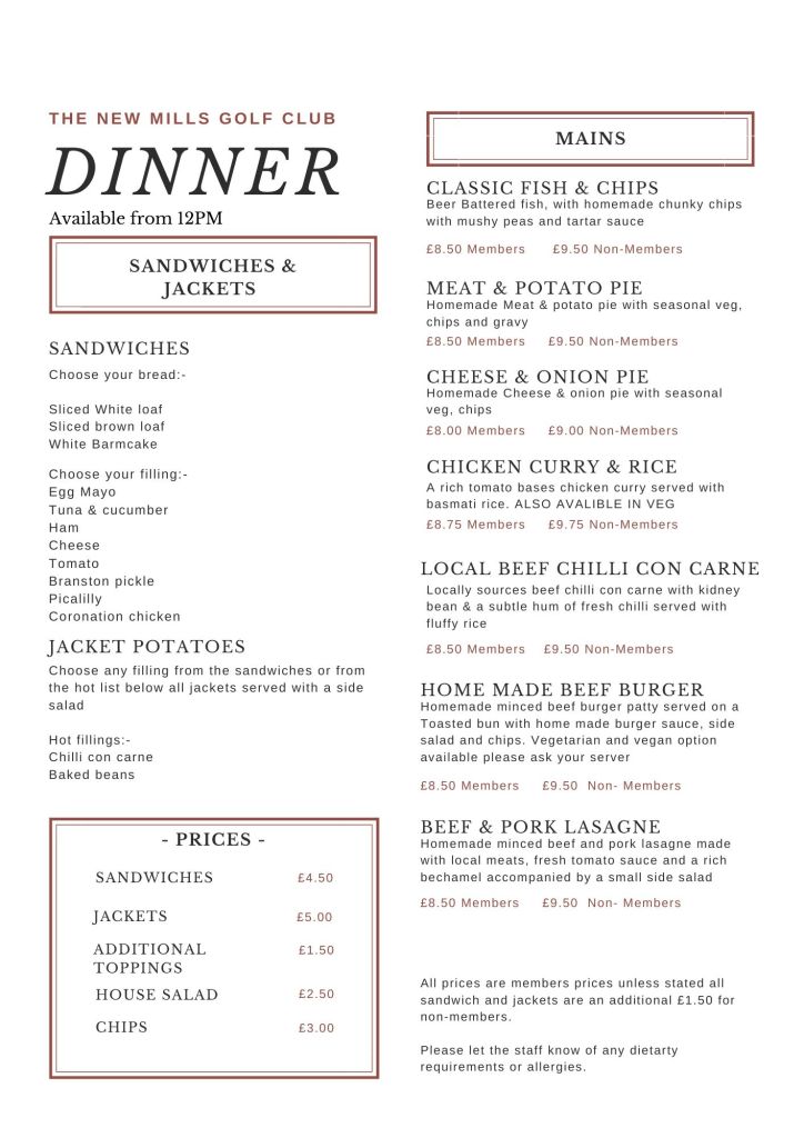 Our Menus New Mills Golf Club